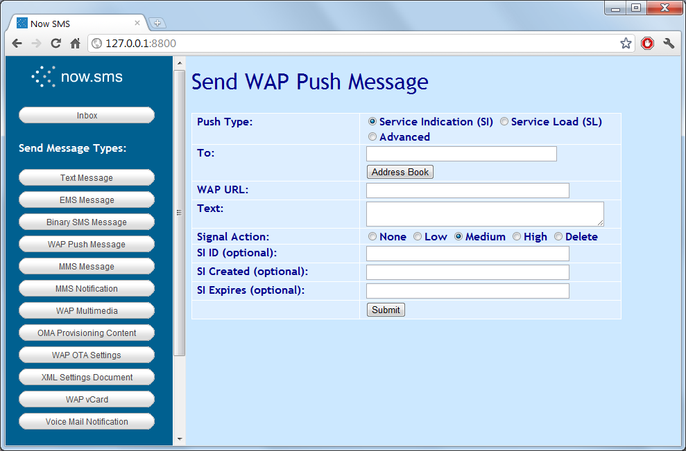 Send WAP Push Message NowSMS